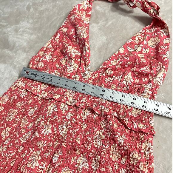J.Crew Mini Dress Women's Large Pink White Floral Smocked Halter Ruffle V-Neck - Picture 10 of 13